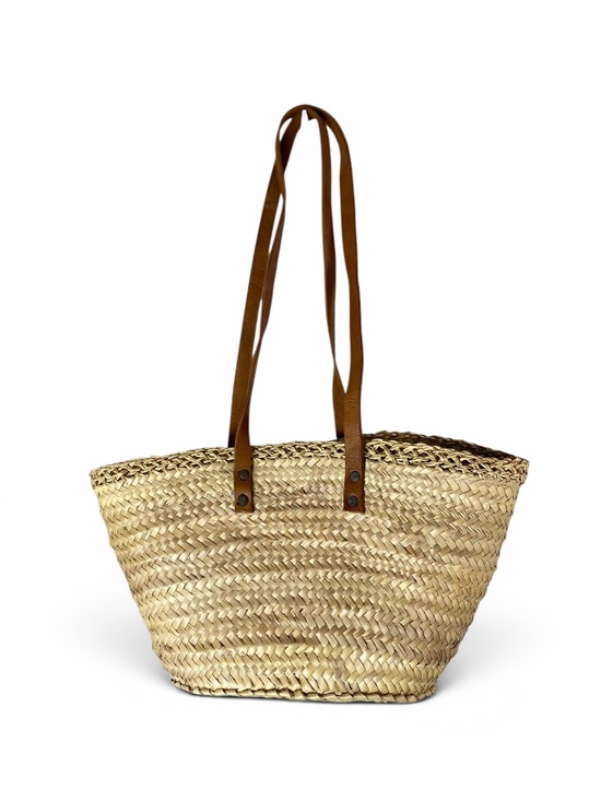 Handbags - French Market Basket Tote | Woven Straw & Leather Straps | Drawstring Closure